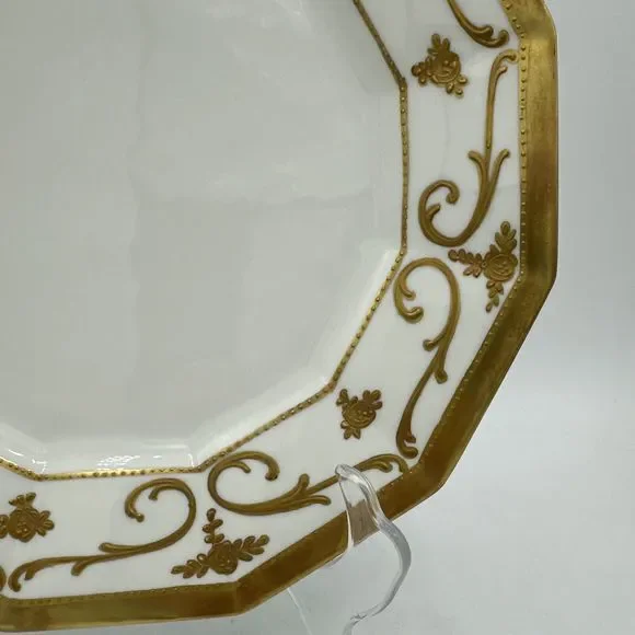 Antique Limoges Plate 9.25” Gold Trim France 12-sided Embossed Scroll - Picture 4 of 14
